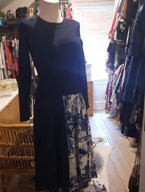 Dalia MacPhee Navy and White Sea Shore Sail Long-Sleeve Mixed Media Midi Dress